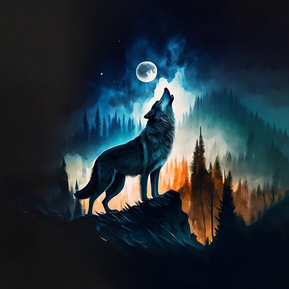 8x8 Wolf Howling at the Moon Midnight Wall Art Watercolor Oil Painting‎ Print - Picture 6 of 6